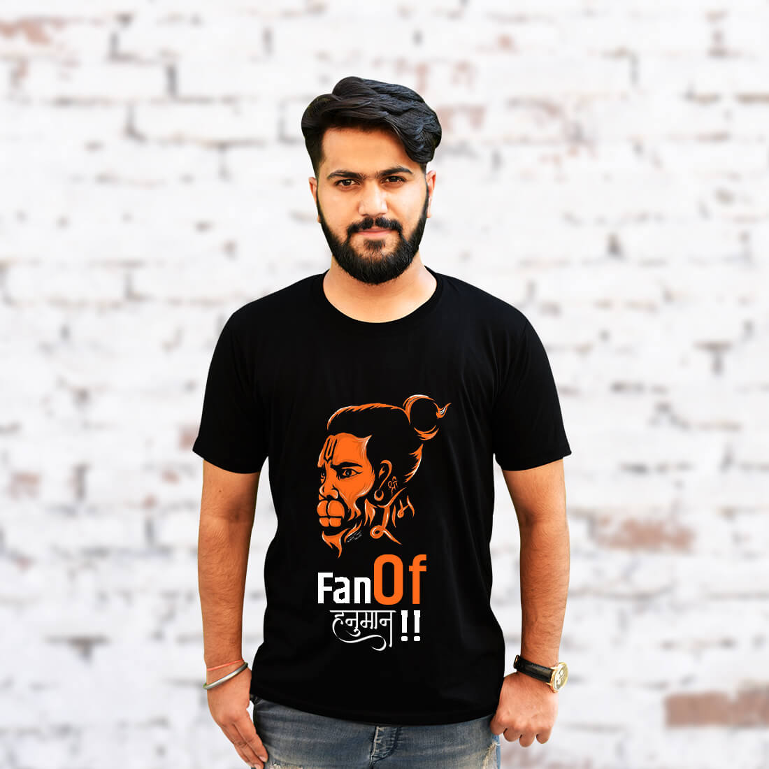 Fan of Hanuman Quotes Printed Black Round Neck T Shirt