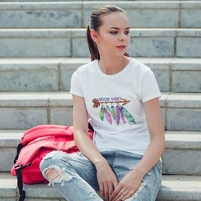 Feather Good Vibes Print T Shirt For Women