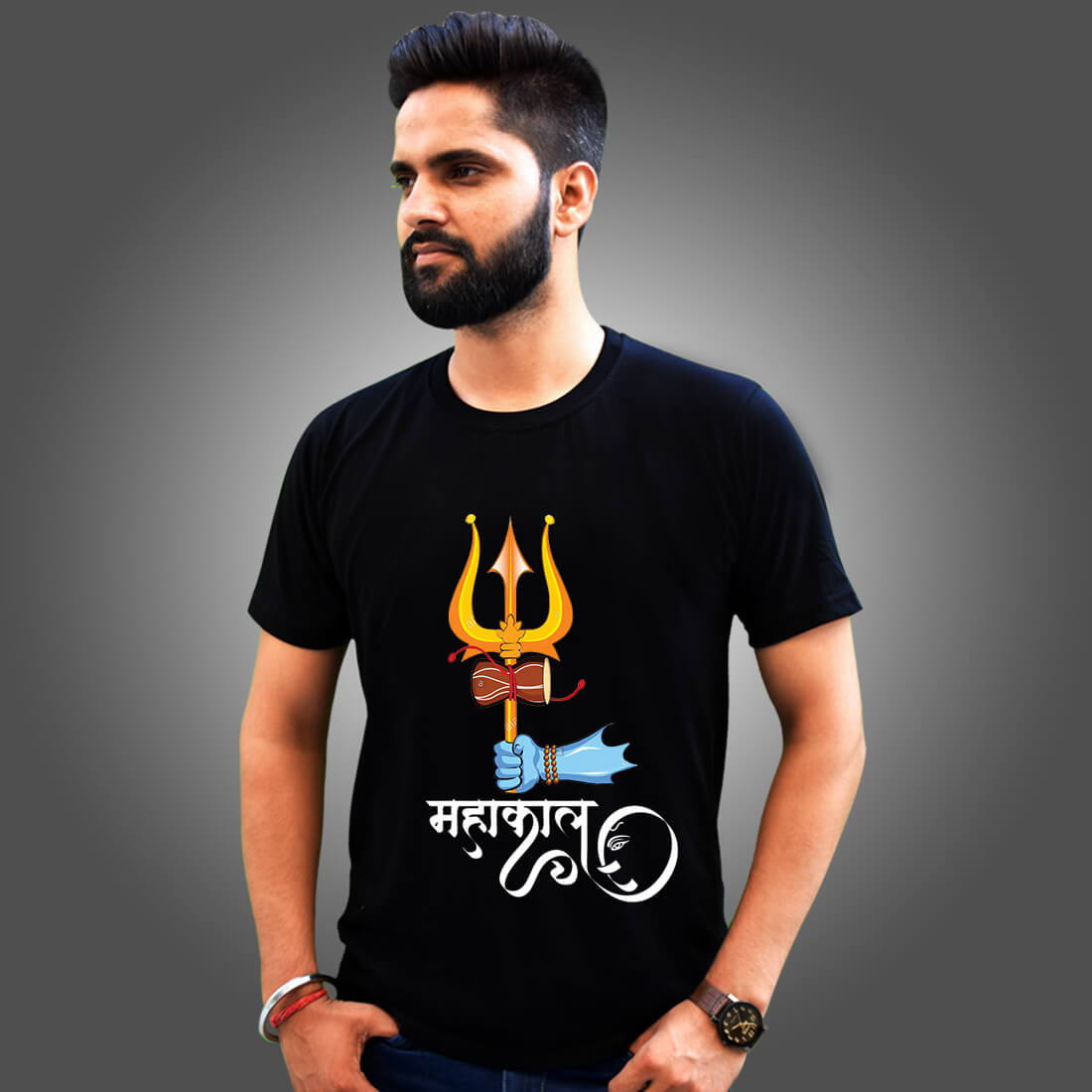 Mahakal with Trishul Printed Black Round Neck T Shirt