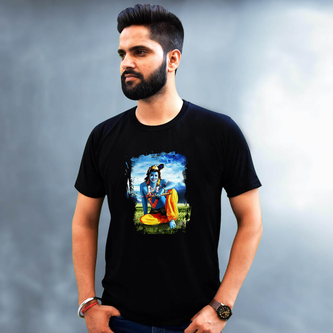 Best Lord Krishna Print Black Stylish Men T-Shirt