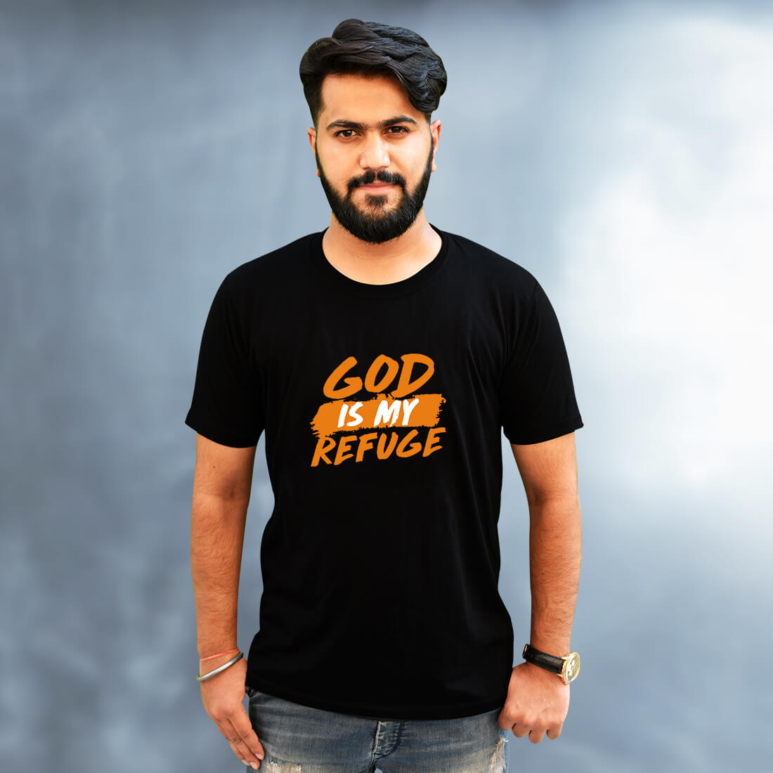 God is My Refuge Printed Black Colour T-Shirt