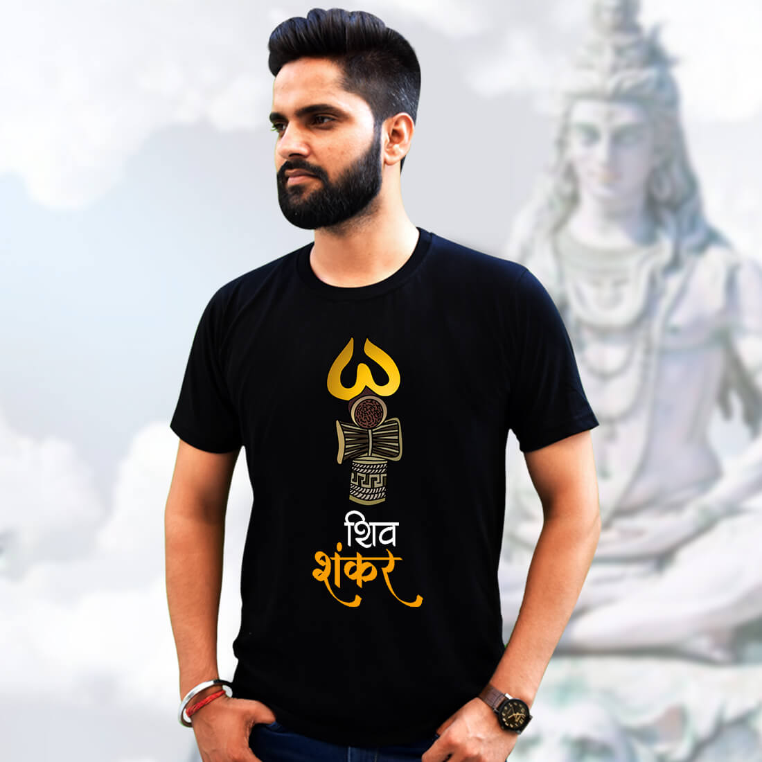 Shiv Shankar Printed Black T Shirt Round Neck