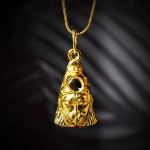 Square Hanuman Chalisa Kavach locket with golden chain hanging over black background shown in this image