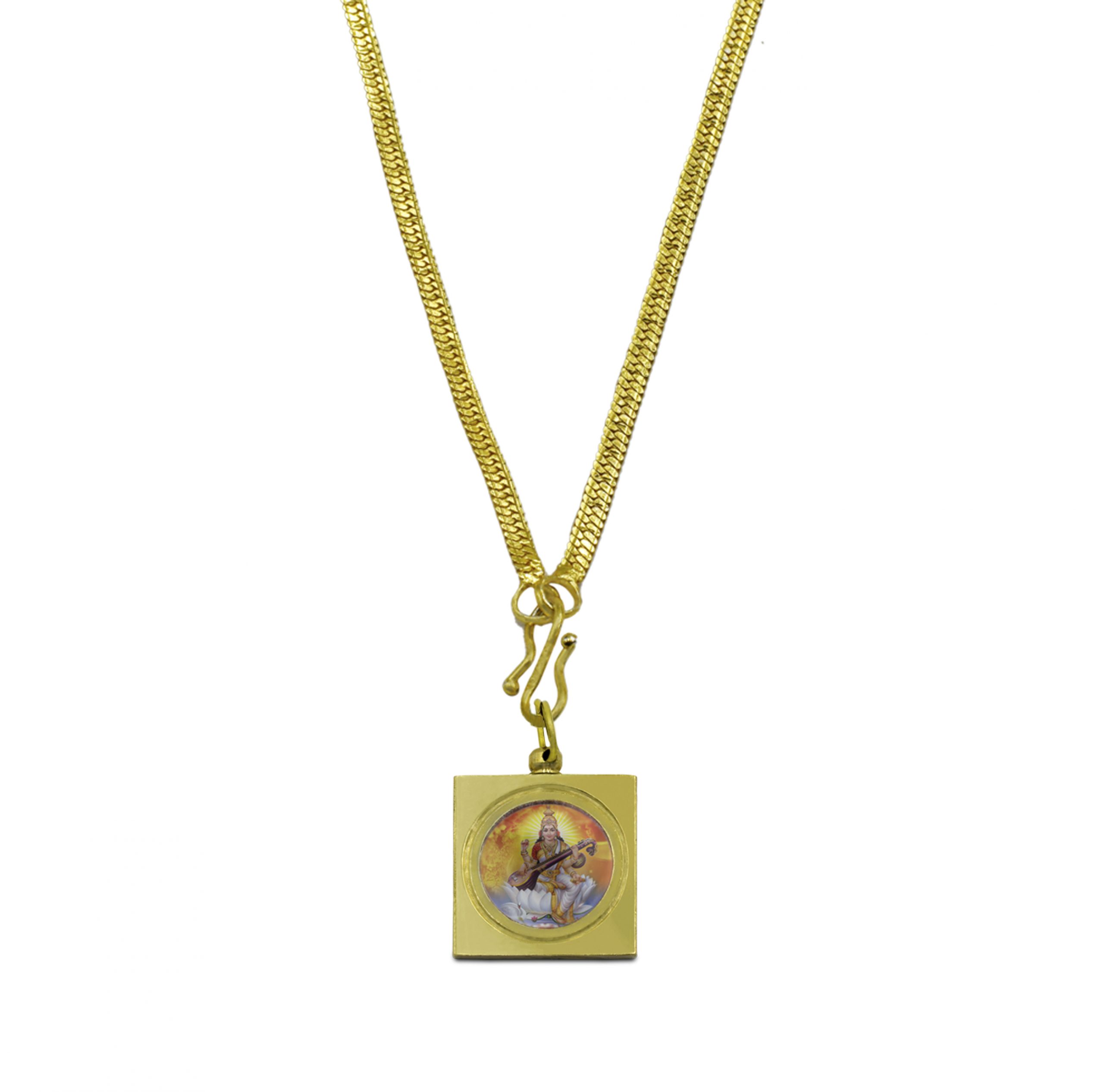 Painted image of Maa Saraswati in a hanging square shape locket with gold chain to seek blessings from the goddess of knowledge