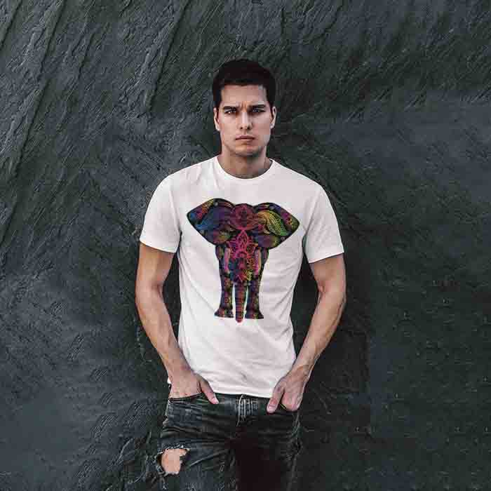 Colorful Elephant With Natural Painting round neck t shirt for men