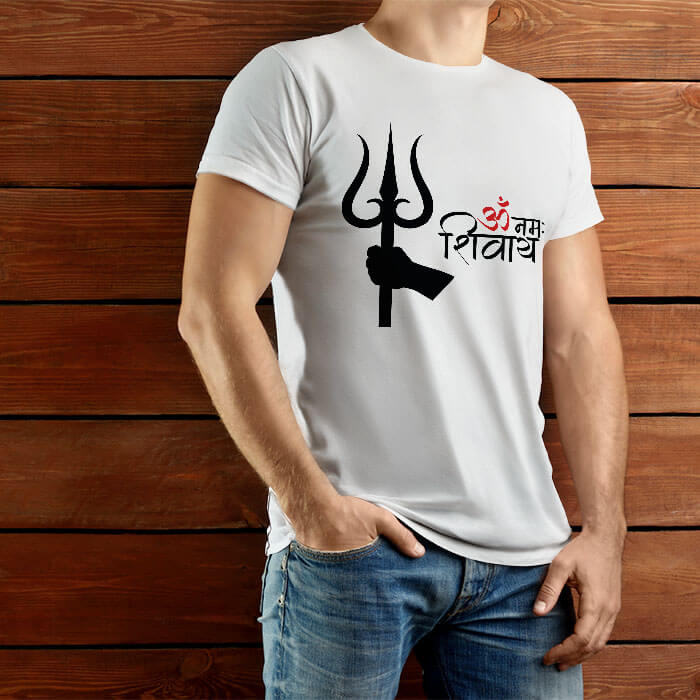 Om Namah Shivaya With Trishul white t shirt for men