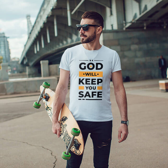 God quotes round neck text on t shirt