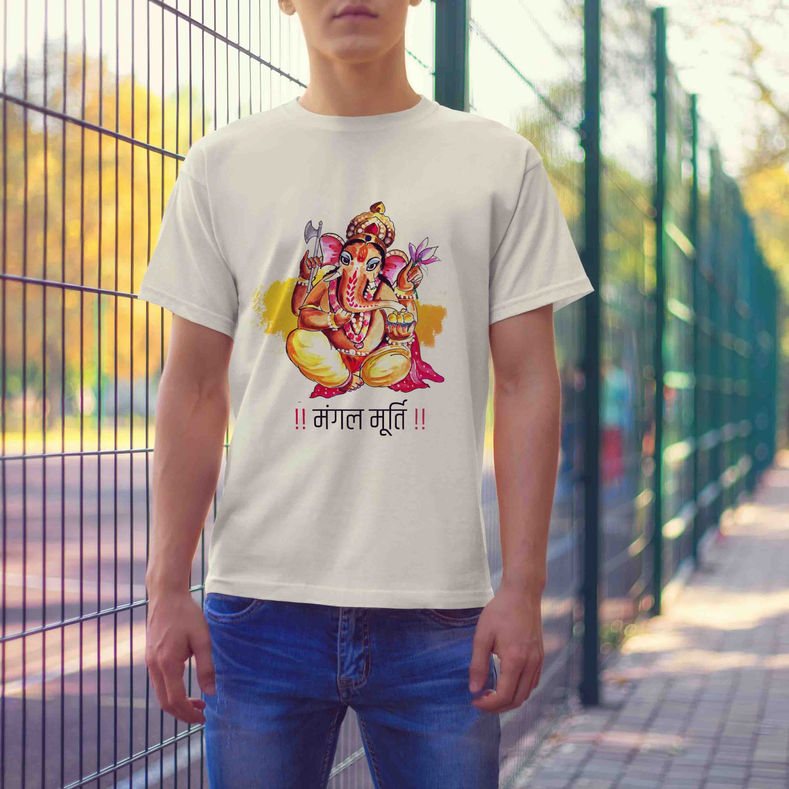 Mangal Murti Ganesh painting white t-shirt for men