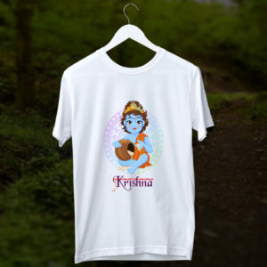 Little Krishna cartoon style image printed white t shirt