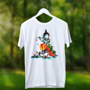 Krishna with flute painting round neck white t shirt