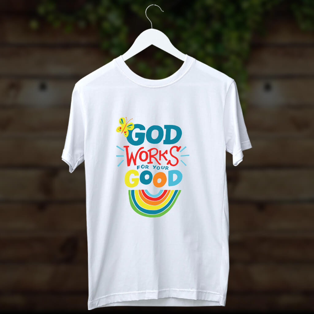 1980.God works for your good quotes printed white t shirt