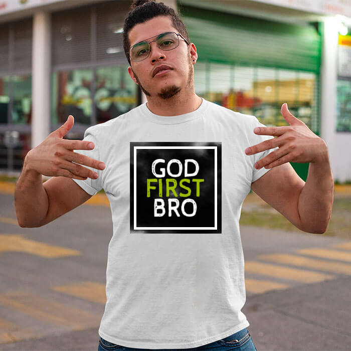 God first bro printed white round neck t shirt