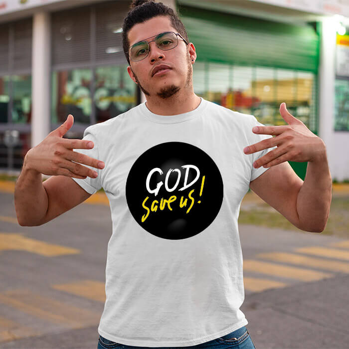 God save us quotes printed white round neck t shirt