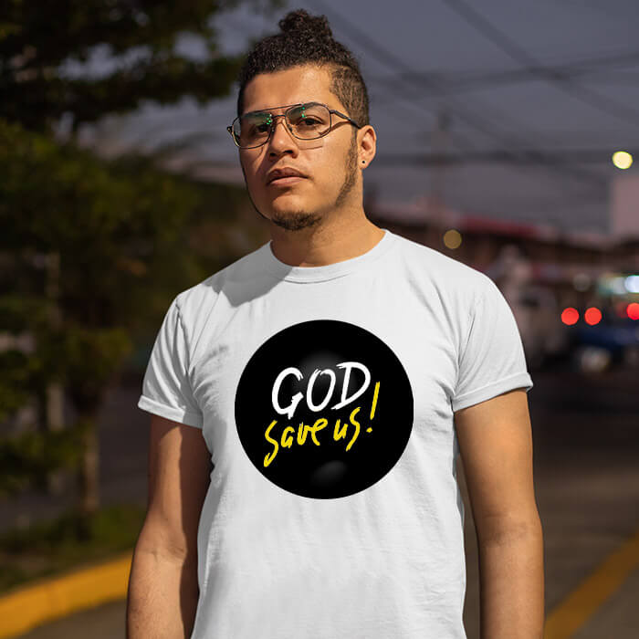 God save us quotes printed white round neck t shirt