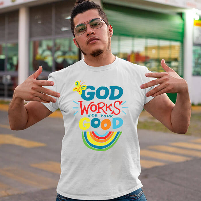 God works for your good quotes printed white round neck t shirt