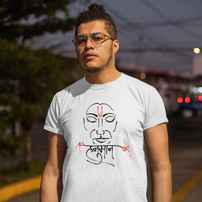 Hanuman line art printed round neck t shirt for men