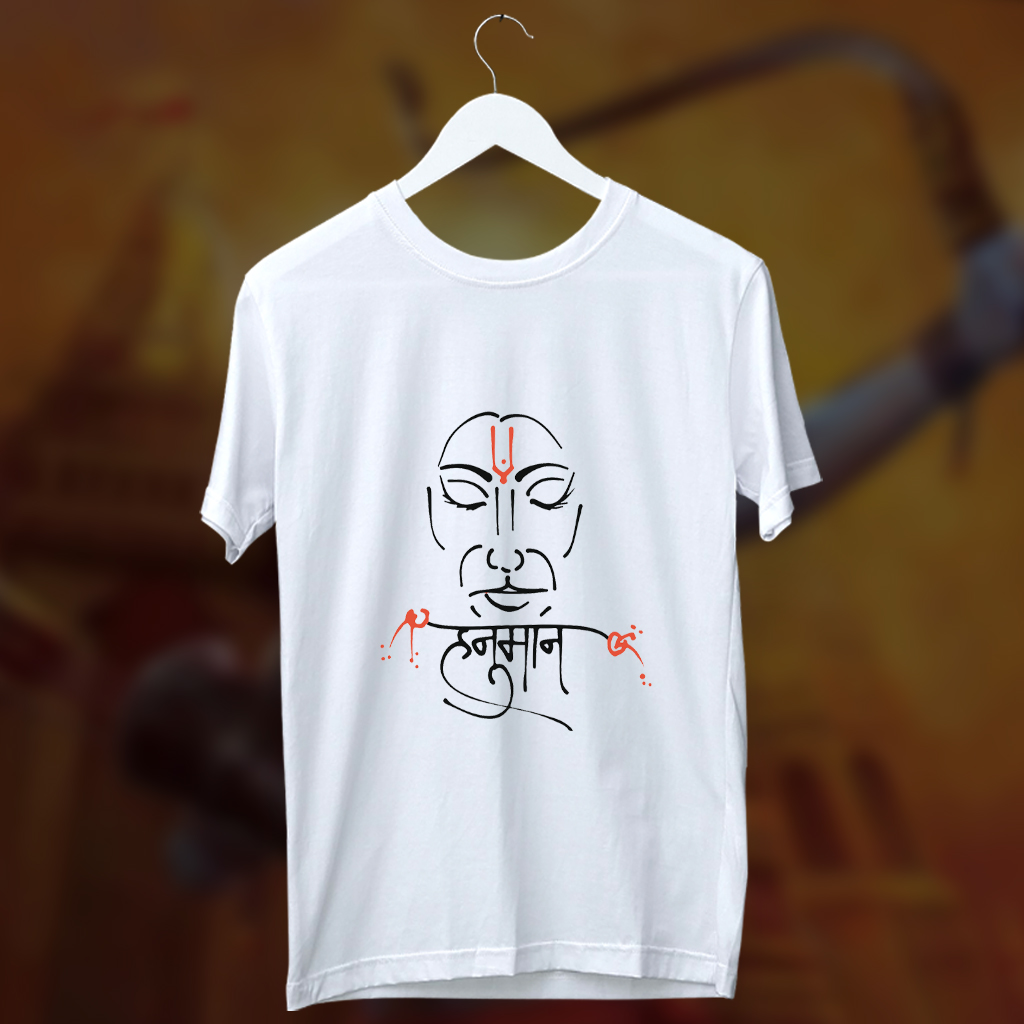 Hanuman line art printed round neck white t shirt