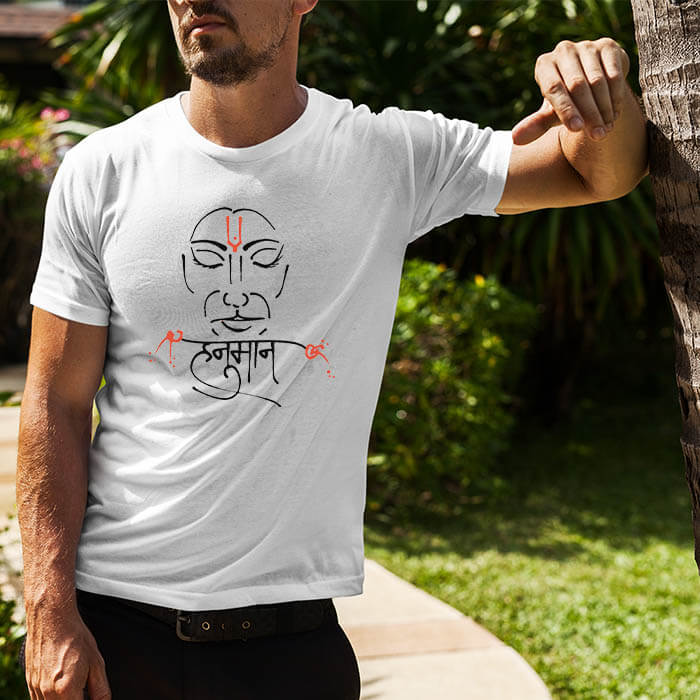 Hanuman line art printed round neck white t shirt(1)