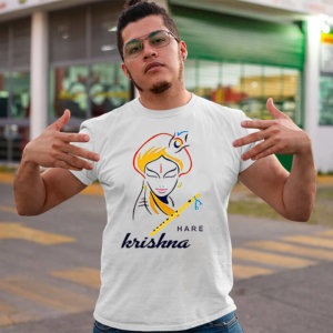 Hare krishna with portrait printed round neck t-shirt