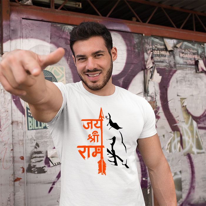 Jay Shree Ram with Hanuman sketch white t-shirt for men
