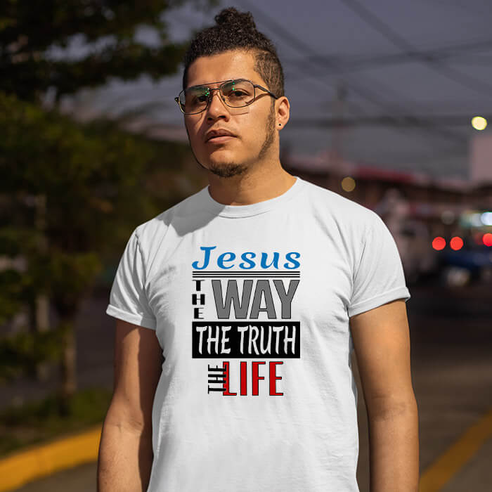 Jesus way truth the life printed round neck t shirt for men