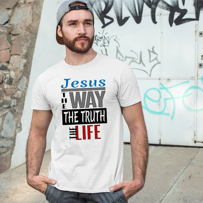 Jesus way truth the life printed white round neck t shirt