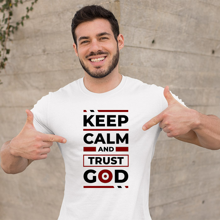 Keep calm and trust god quotes printed round neck t-shirt