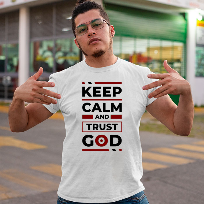 Keep calm and trust god quotes printed round neck t shirt for men