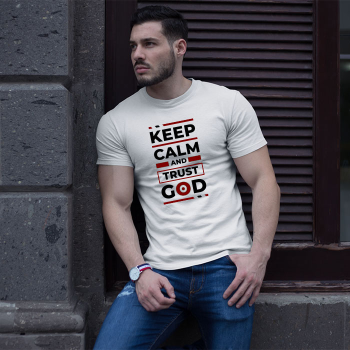 Keep calm and trust god quotes printed round neck white t shirt