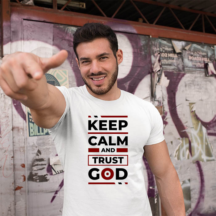 Keep calm and trust god quotes printed white round neck t shirt