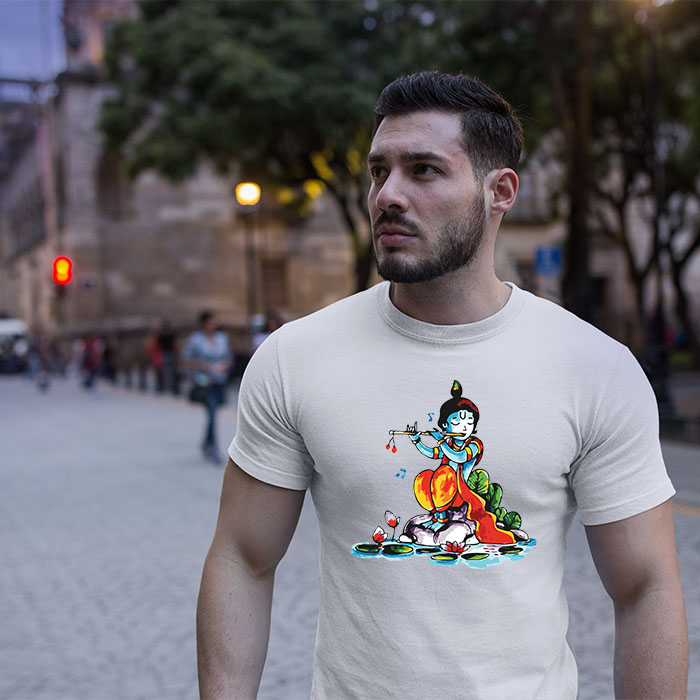 Krishna with flute painting white color t shirt