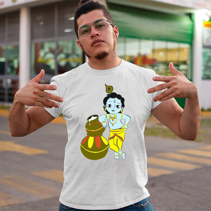 Little krishna images with makhan printed round neck t shirt for men