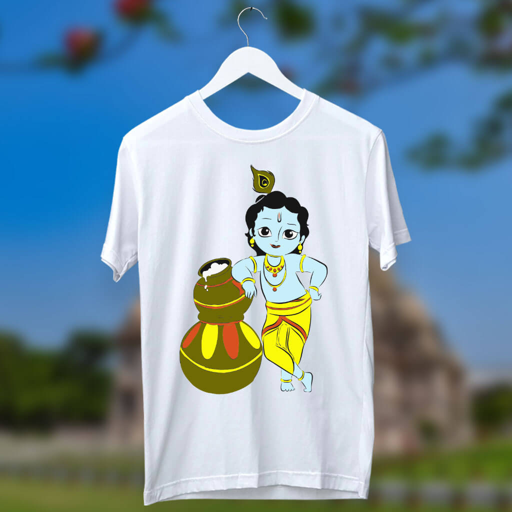 Little krishna images with makhan printed white t shirt online
