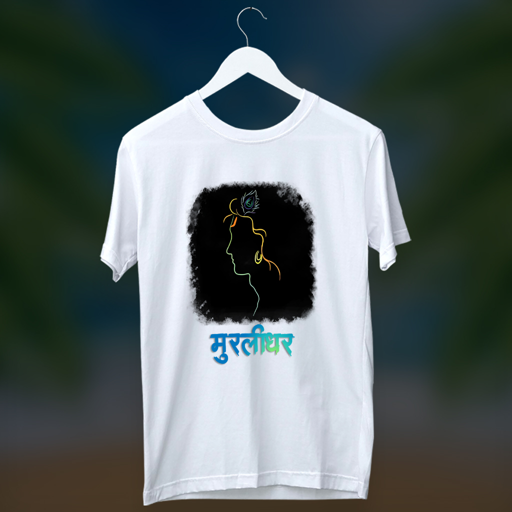 Murlidhar krishna sketch black background image white t shirt for men