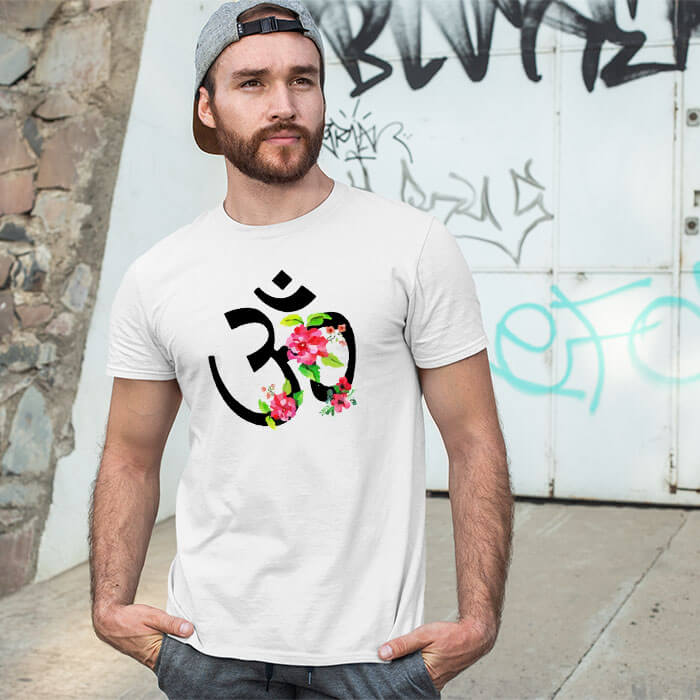 OM nature images printed round neck white t shirt