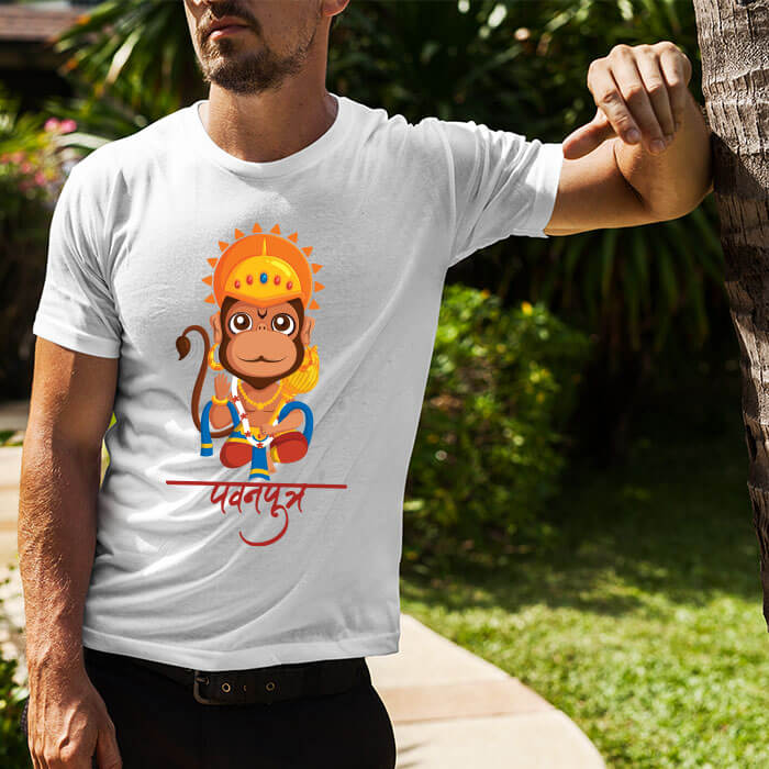Pavanputra Hanuman cartoon image printed white plain t shirt