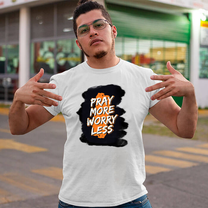Pray more worry less printed white t-shirt for men