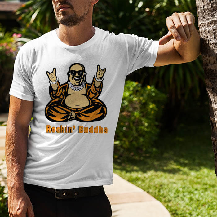 Rockin portrait of buddha printed white plain t shirt