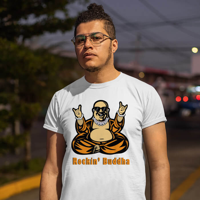 Rockin portrait of buddha printed white t shirt for men