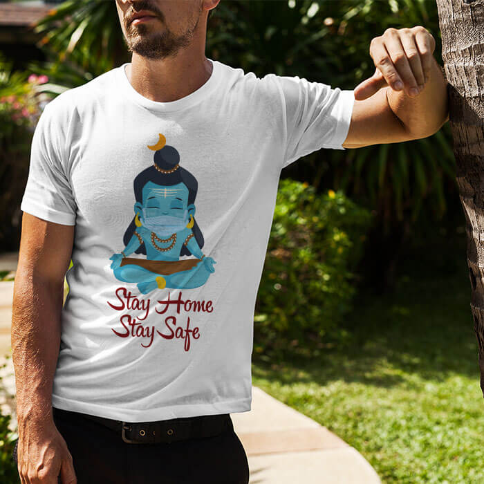 Shiva portrait with Covid-1 motivational white plain t shirt