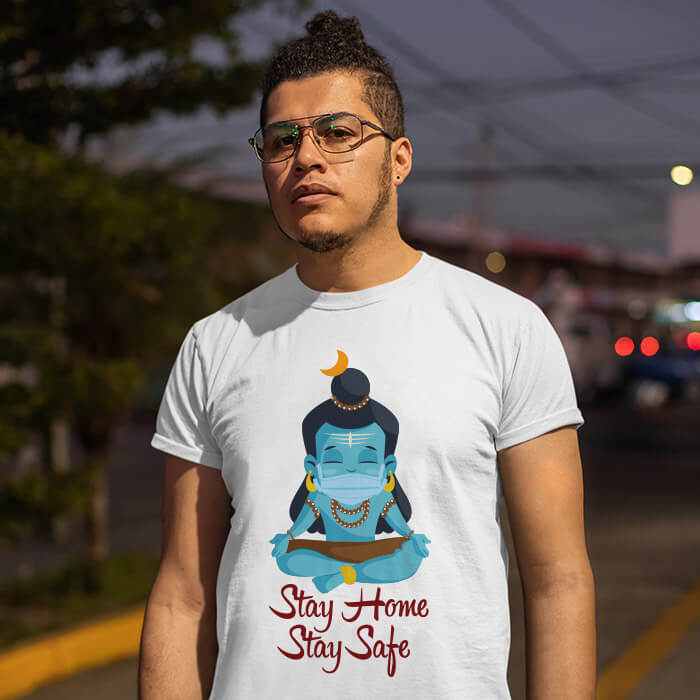 Shiva portrait with Covid-1 motivational white t shirt for men