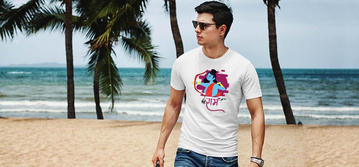 Shree Ram design with cartoon style printed white t shirt for men