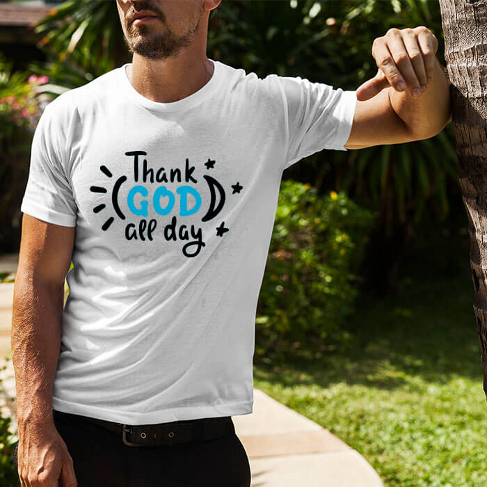 Thank god quotes printed round neck t shirt