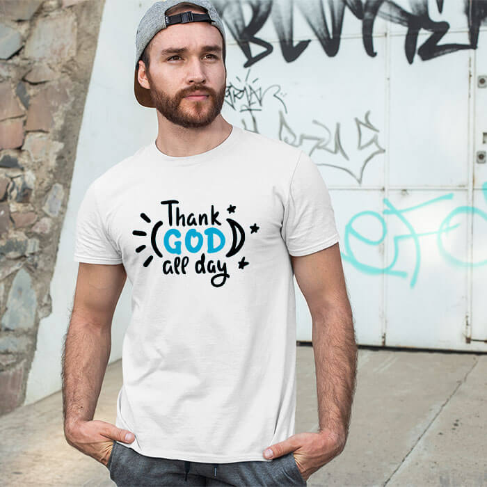 Thank god quotes printed round neck t shirt for men