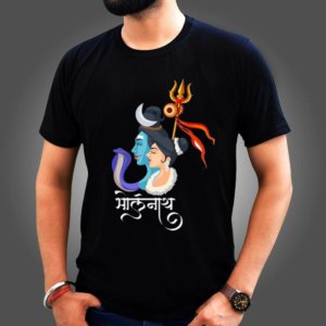 Bholenath with Parvati Images Printed Black Round Neck T Shirt