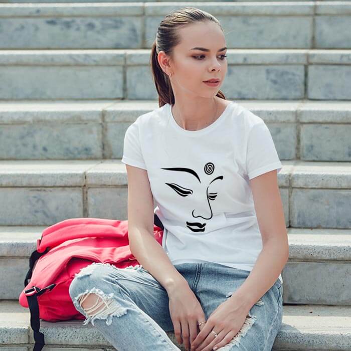 Buddha Face Lineart Printed Stylish T Shirt For Women