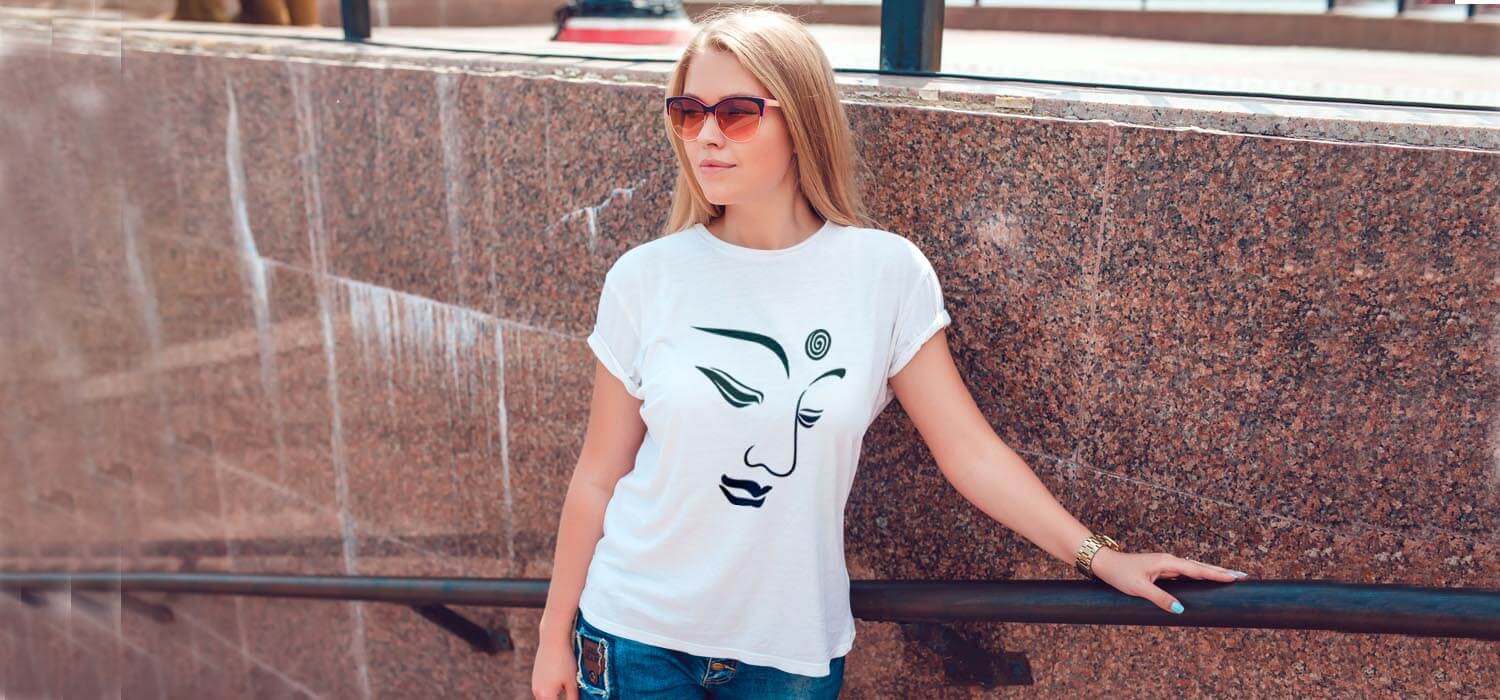 Buddha Face Lineart Printed Women Round Neck White T-Shirt