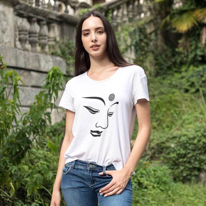 Buddha Face Lineart Printed Women_s Round Neck T-Shirt