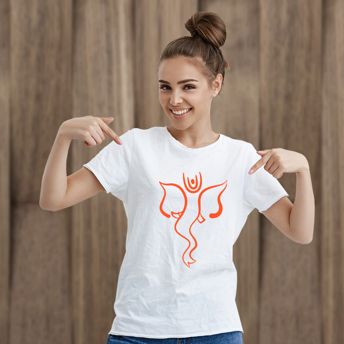 Designer Orange Ganesha Printed Stylish T Shirt For Women