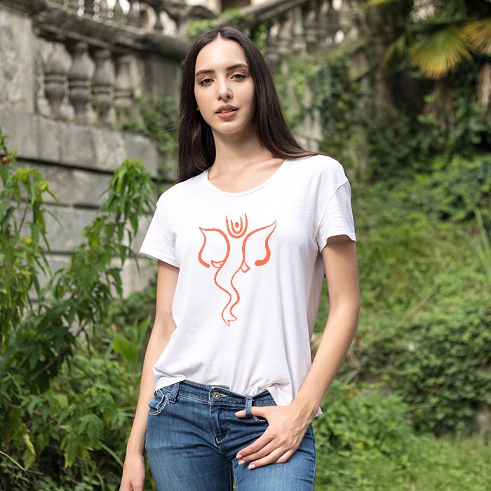 Designer Orange Ganesha Printed T Shirt For Women